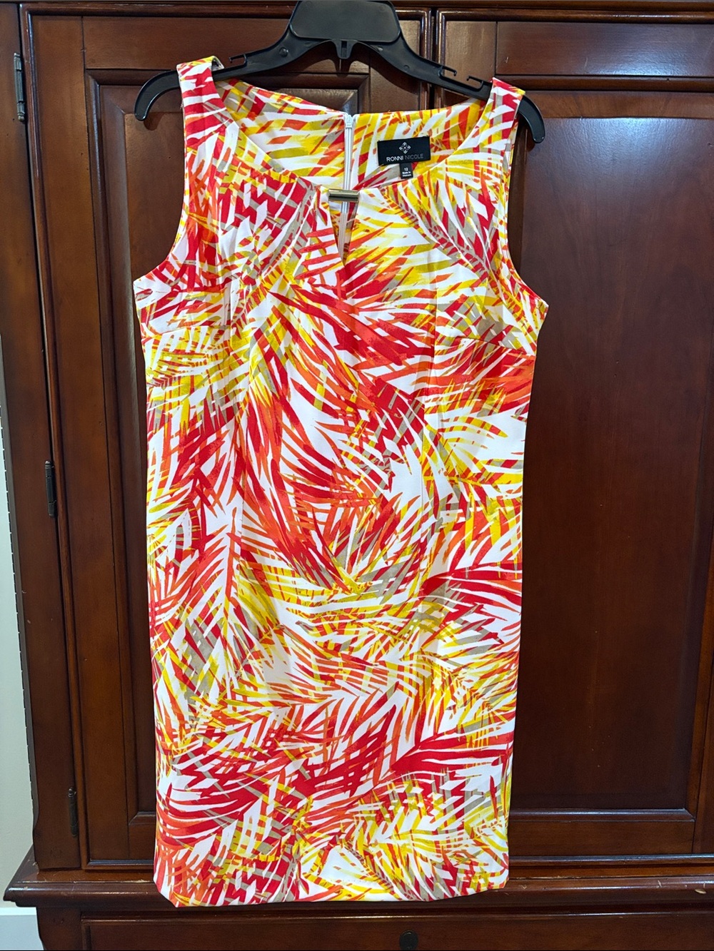 Ronni Nicole Tropical Palm Print Shift Dress in Red, Yellow & White